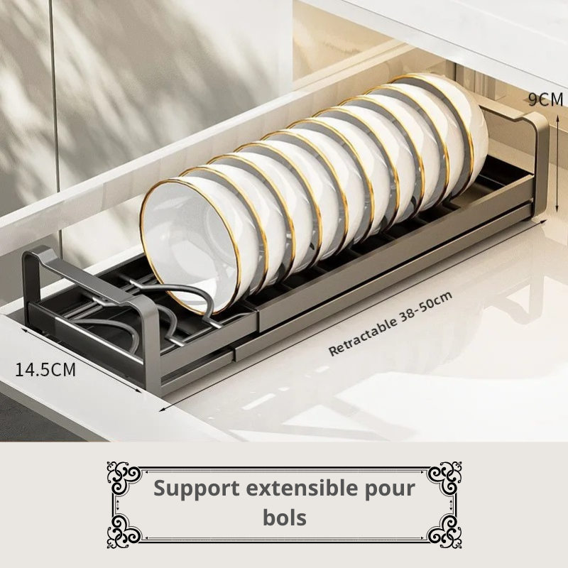 Organisateur de placard de cuisine support extensible pour bols.