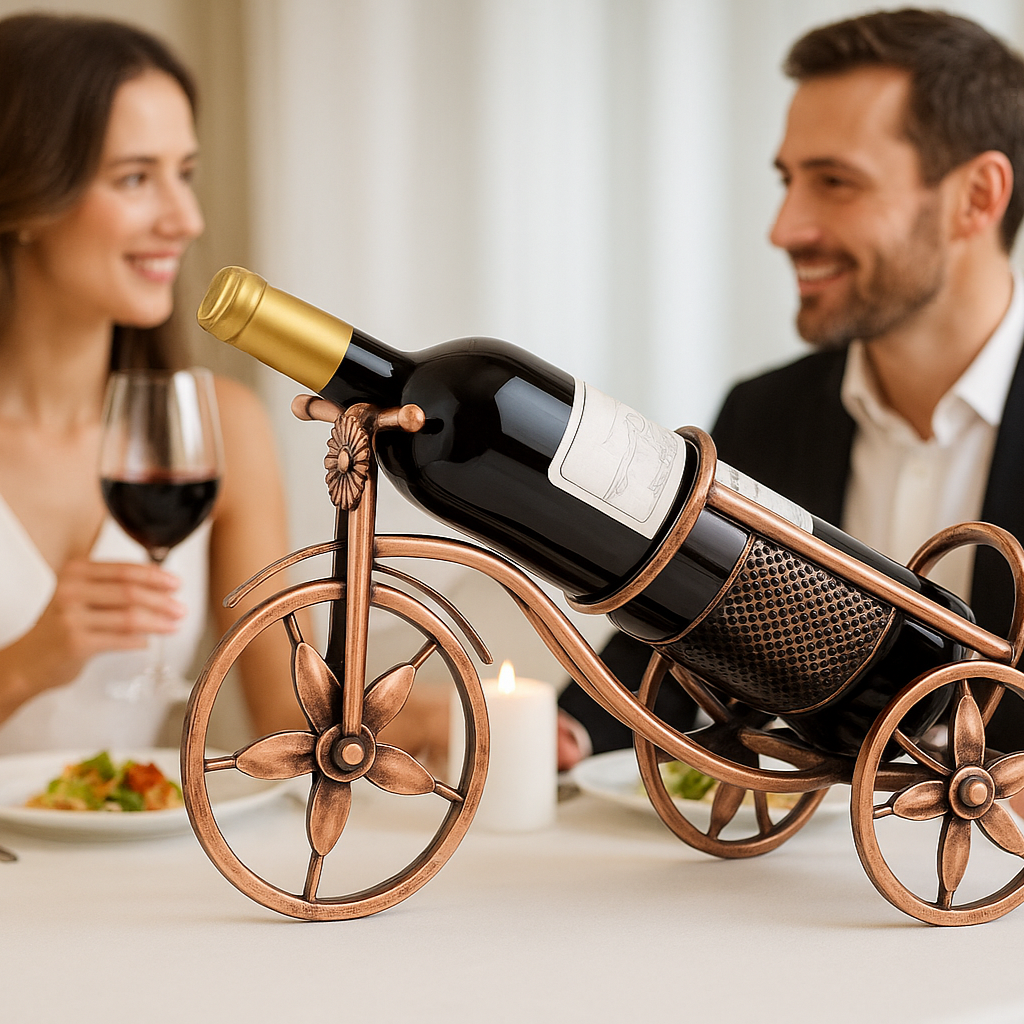 porte bouteille avec deux amoureux qui mange avec un verre à la main 