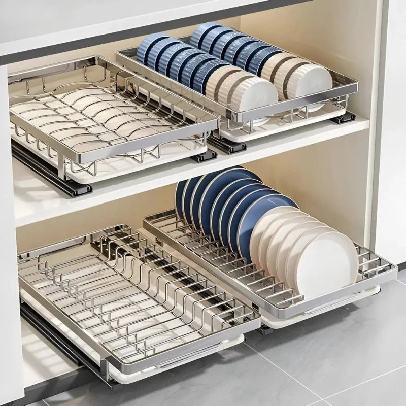 Organisateur de placard de cuisine avec  deux versions assiettes ou bols.