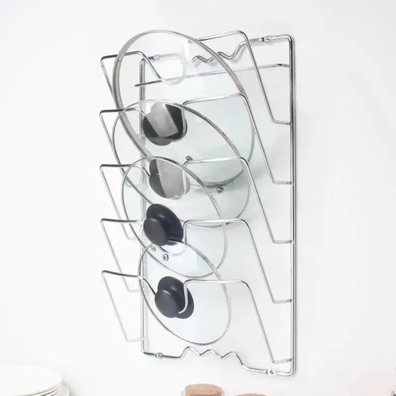 Rangement pour couvercle casserole mural argenté. 