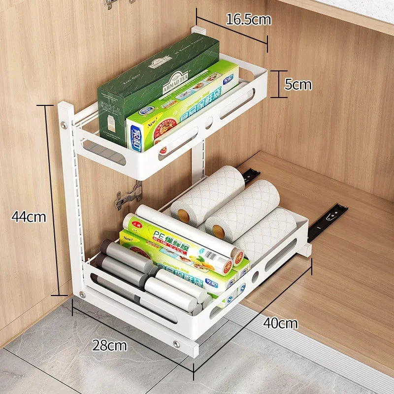 Rangement sous evier coulissant en blanc.