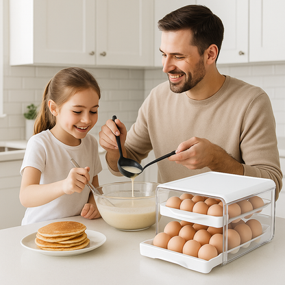 boite à oeufs avec un homme et sa fille qui font des pancakes