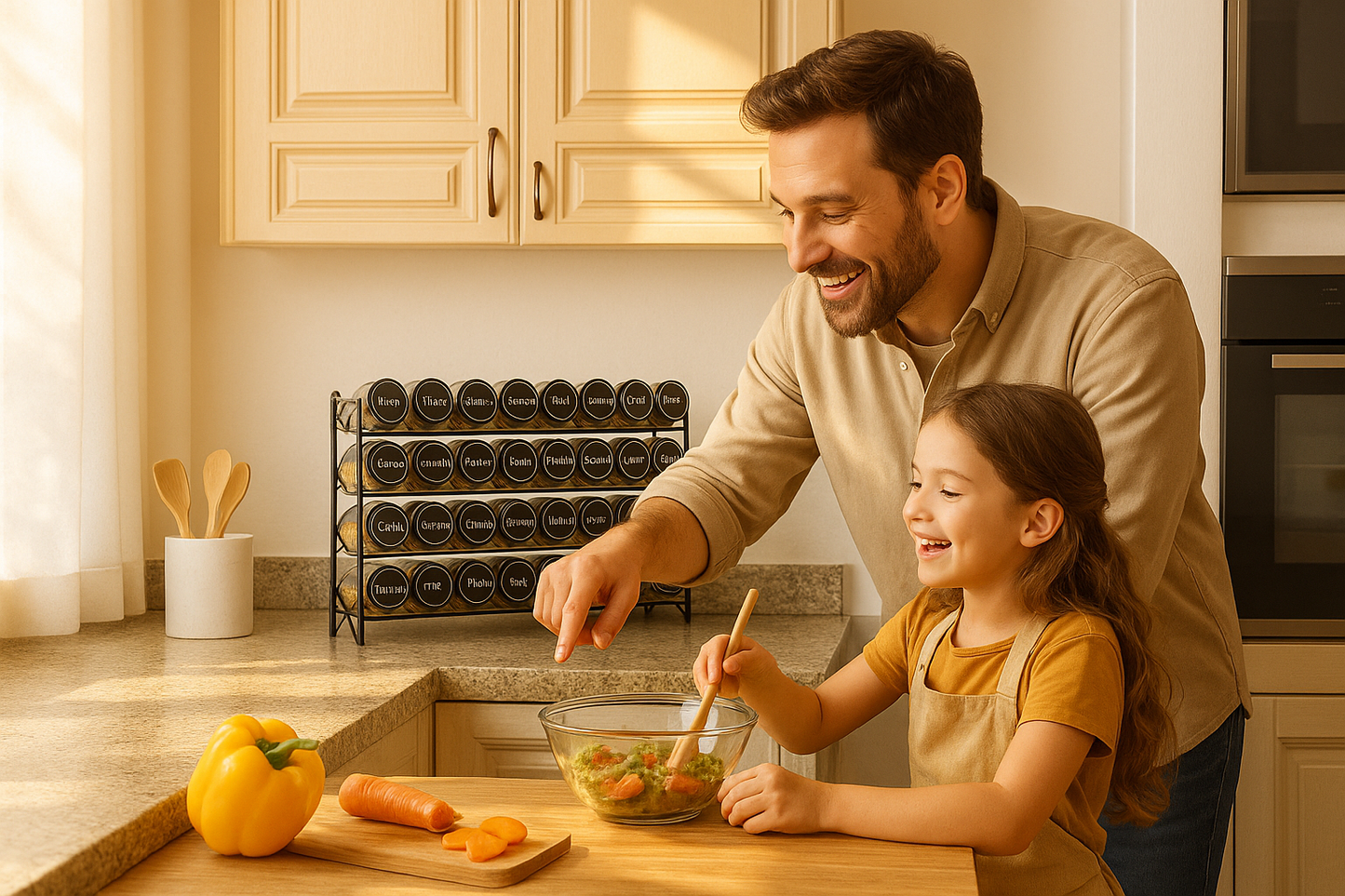 support à épices avec papa qui cuisine avec sa fille 