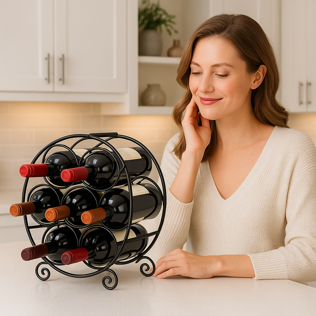 Une femme dans sa cuisine, qui regarde le porte bouteille.
