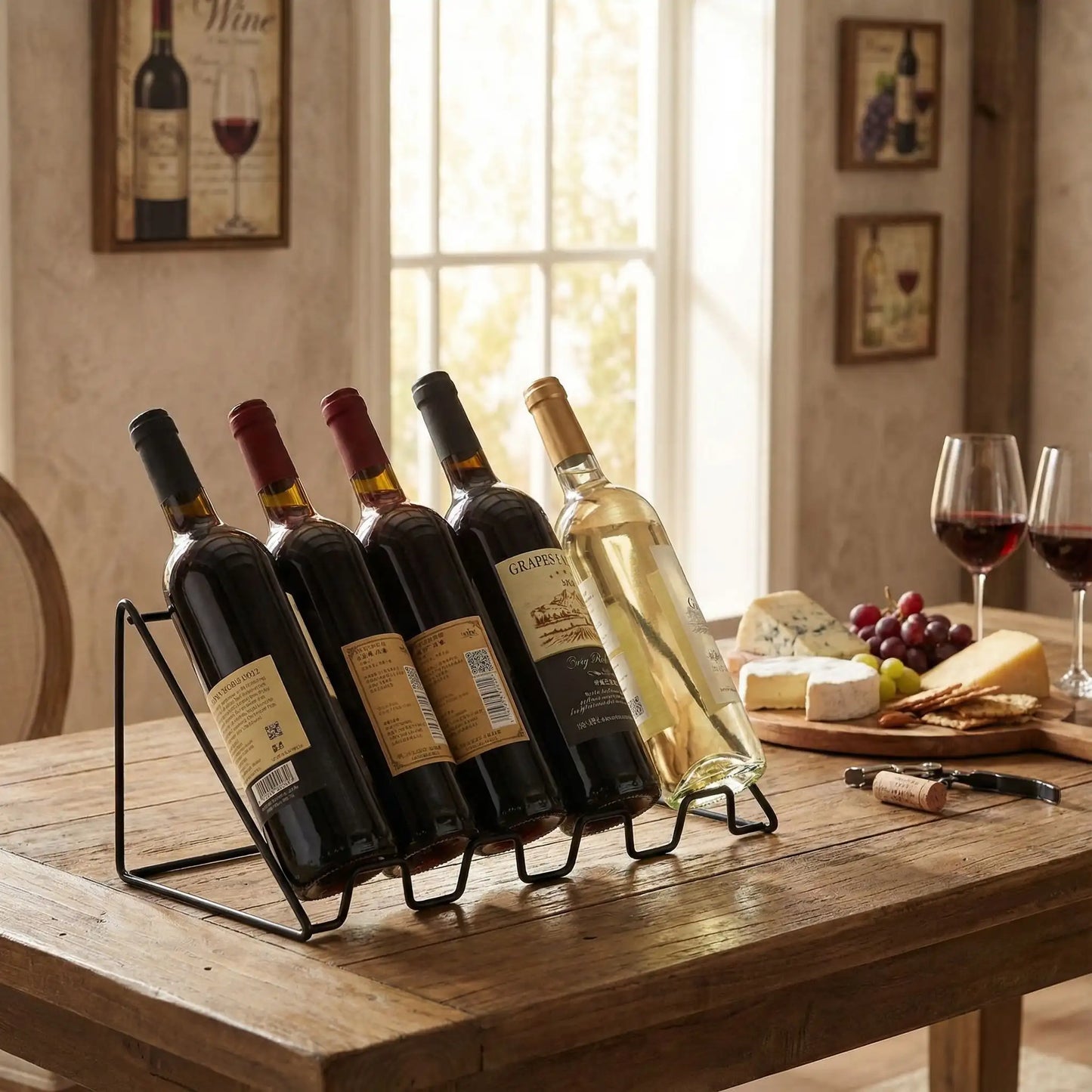 Porte bouteille en fer forgé en noir pour cinq bouteilles