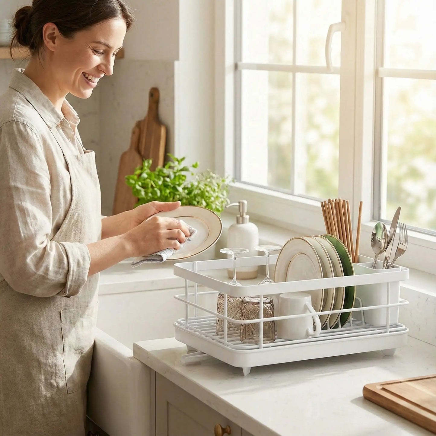egouttoir vaisselle avec une femme qui essuie sa vaisselle