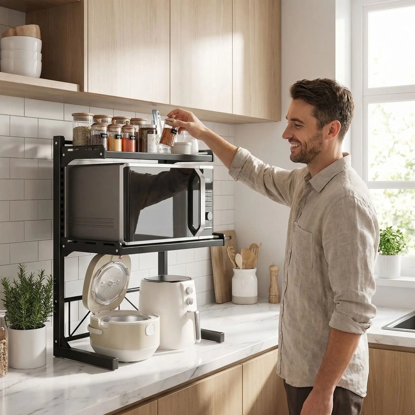 Support pour micro onde avec un homme dans sa cuisine.