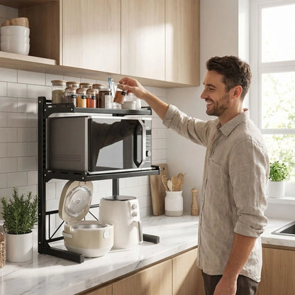Support pour micro onde avec un homme dans sa cuisine.