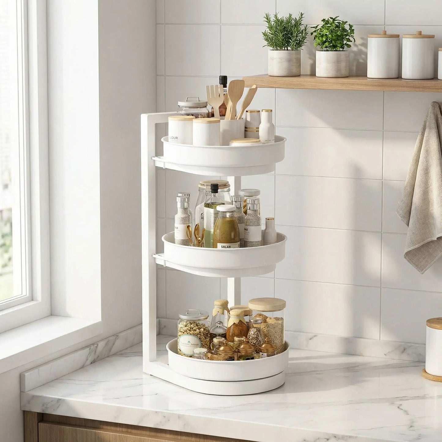 Plateau tournant epices en blanc sur trois niveaux. 