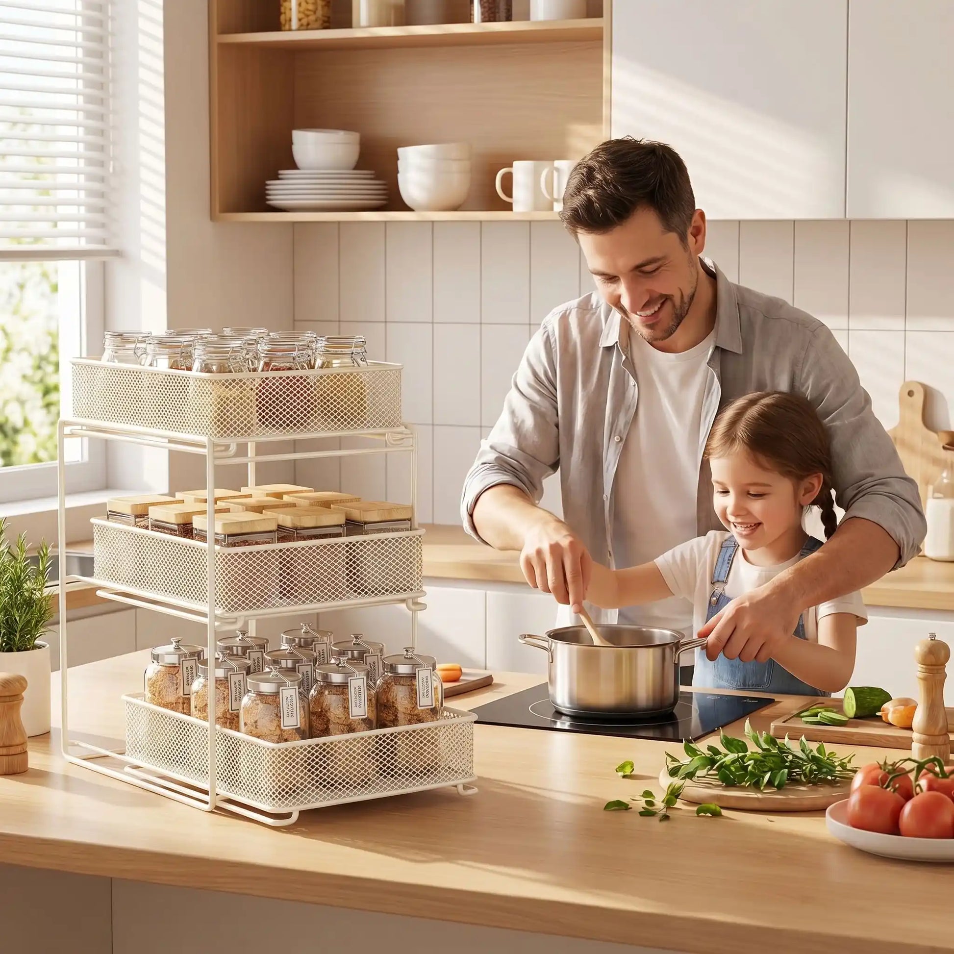 Rangement épices tiroir avec un homme qui cuisine avec sa fille 