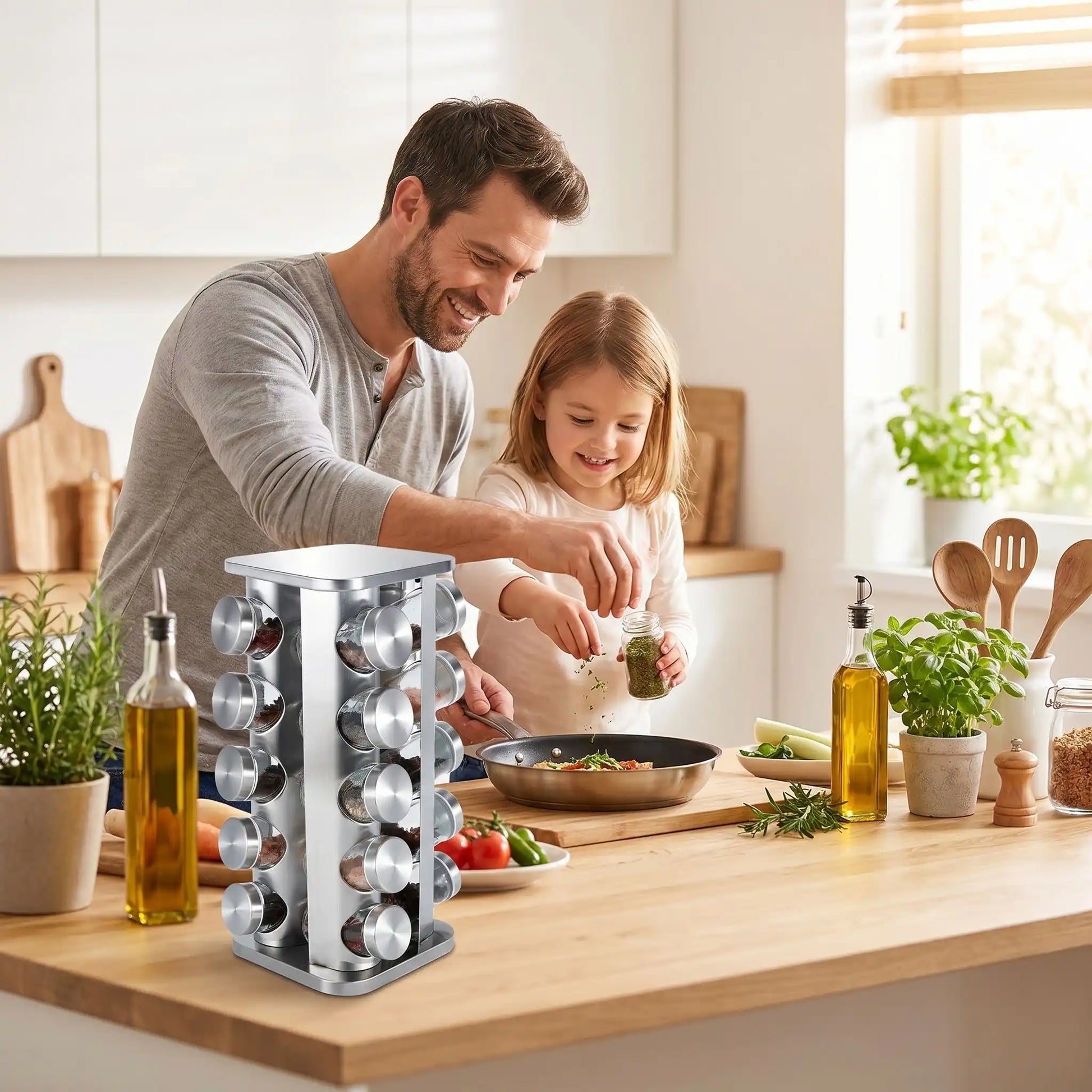 Rangement epice format carré de vingt pots avec un père et sa fille qui cuisine
