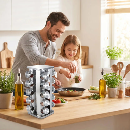 Rangement epice format carré de vingt pots avec un père et sa fille qui cuisine