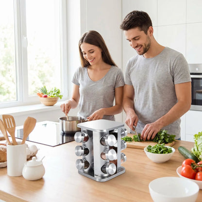 Rangement epice format carré de douze pots avec un couple qui cuisine