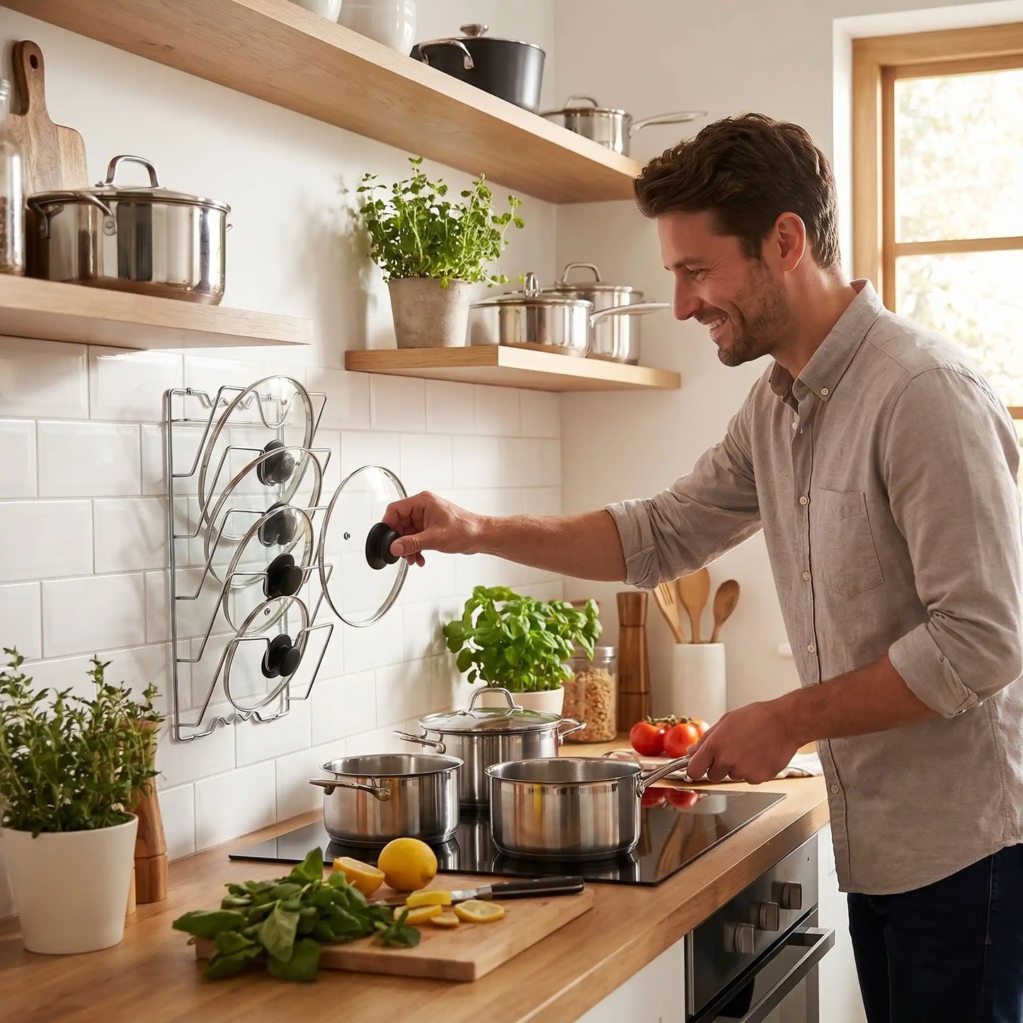 Rangement pour couvercle casserole avec un homme qui cuisine.