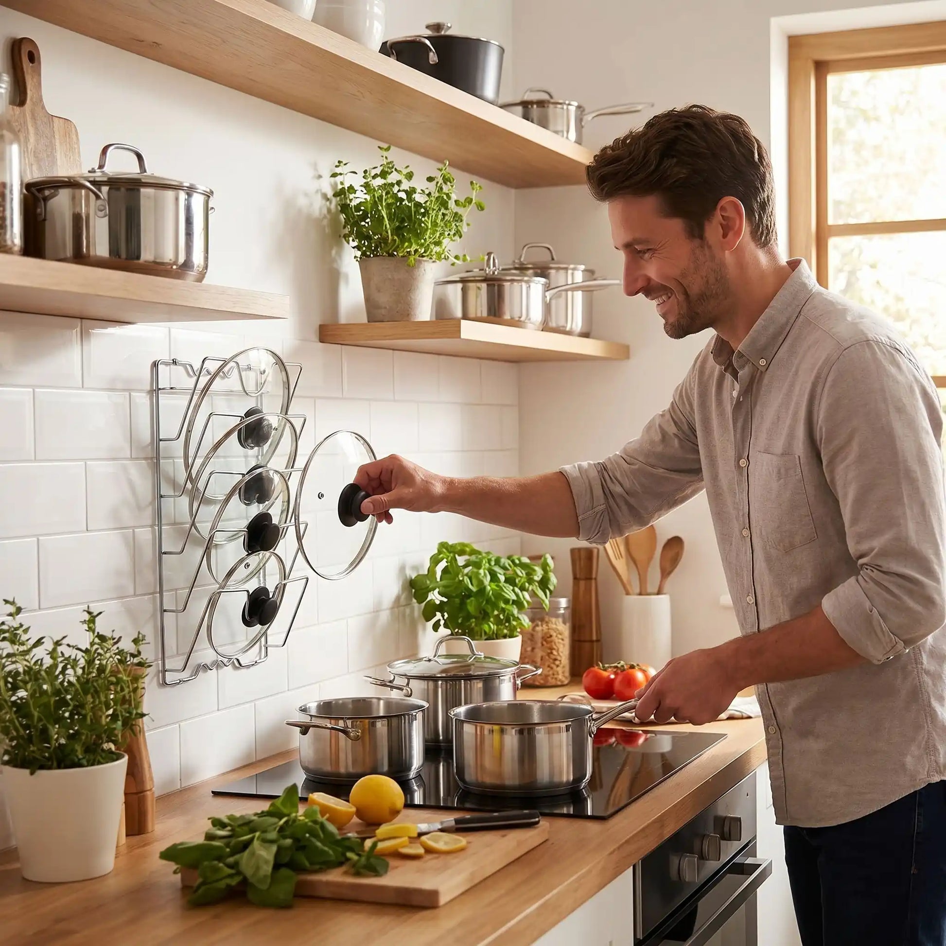 Rangement pour couvercle casserole avec un homme qui cuisine.