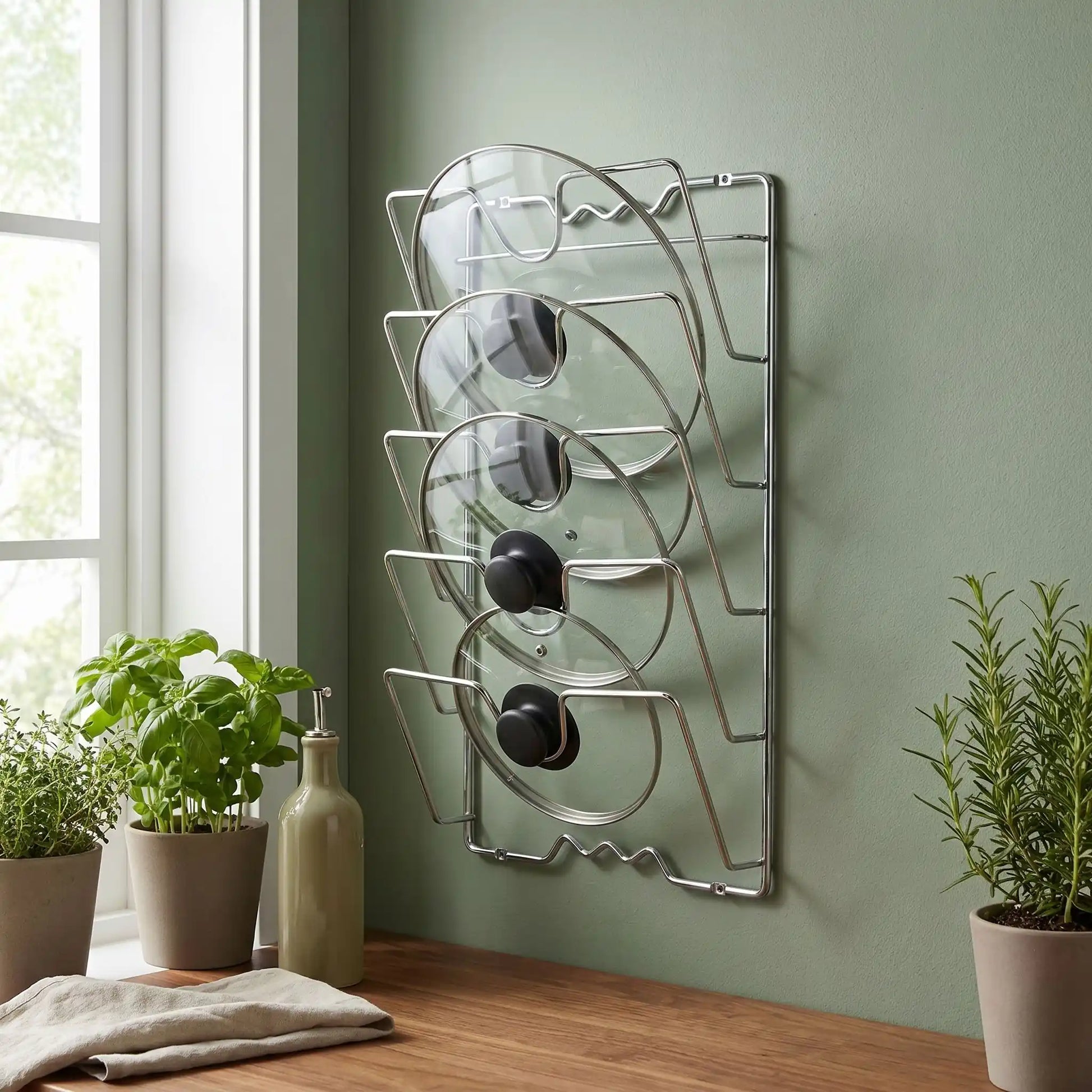Rangement pour couvercle casserole fixation sur mur ou porte de placard.