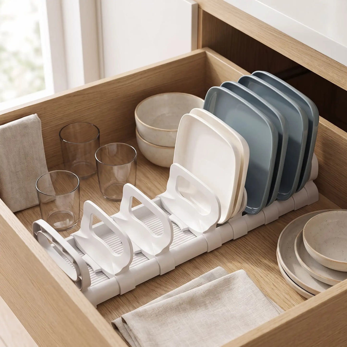 Rangement dans placard cuisine version assiettes en blanc.
