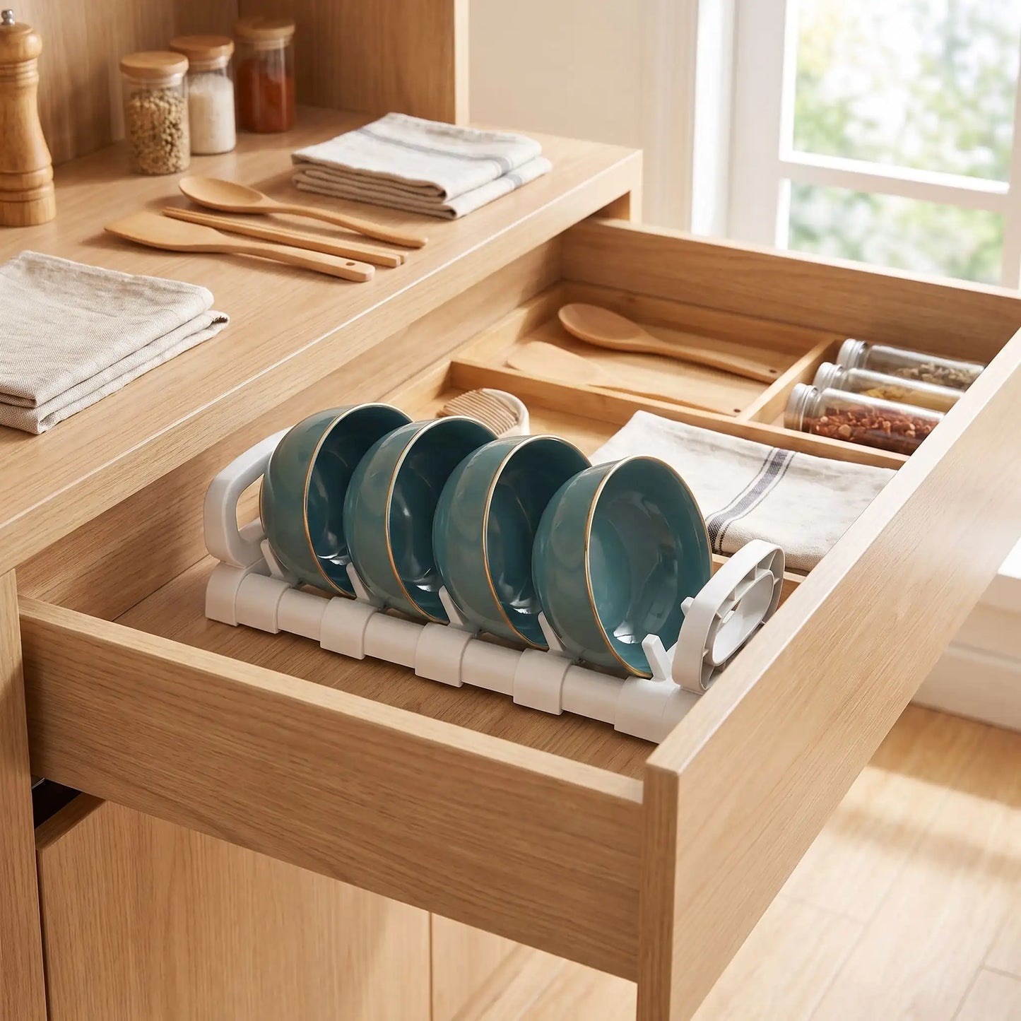 Rangement dans placard cuisine version bols en blanc.