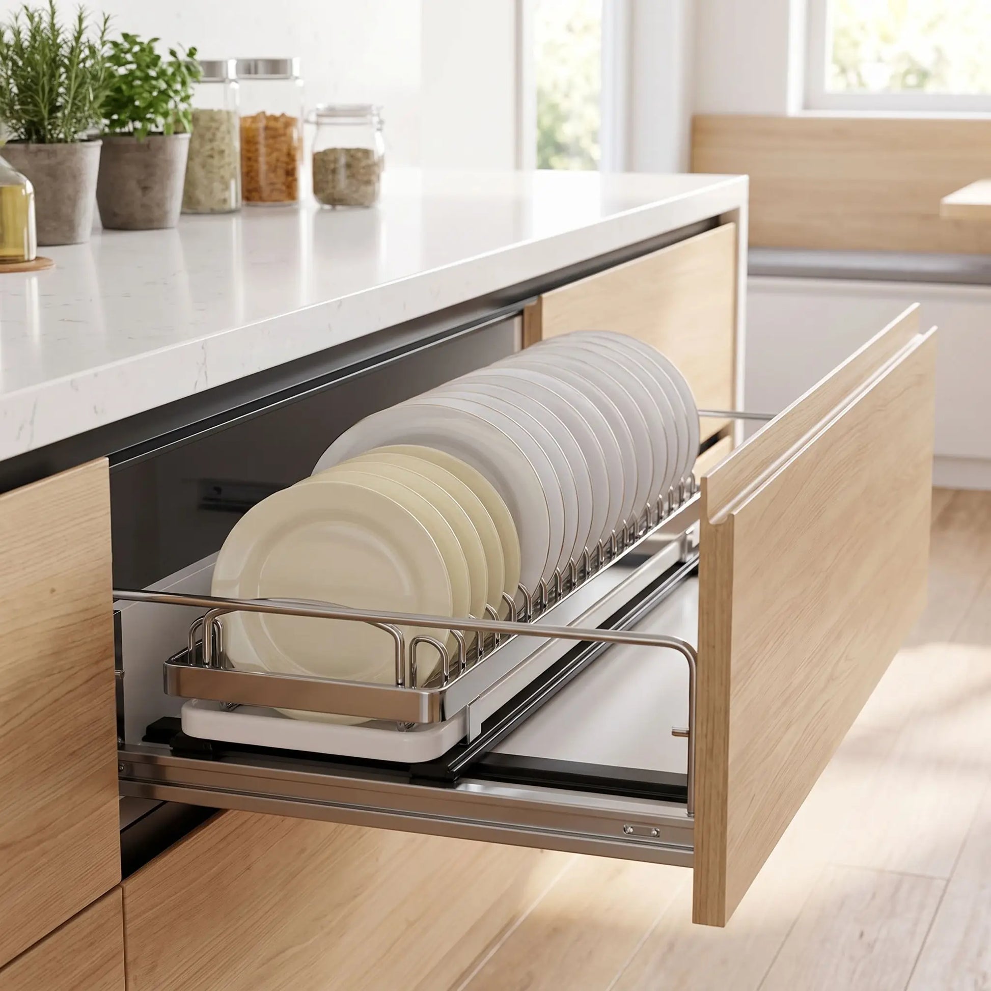 Organisateur de placard de cuisine version pour les assiettes en L.
