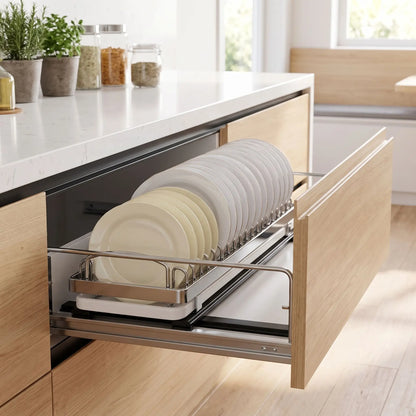 Organisateur de placard de cuisine version pour les assiettes en L.