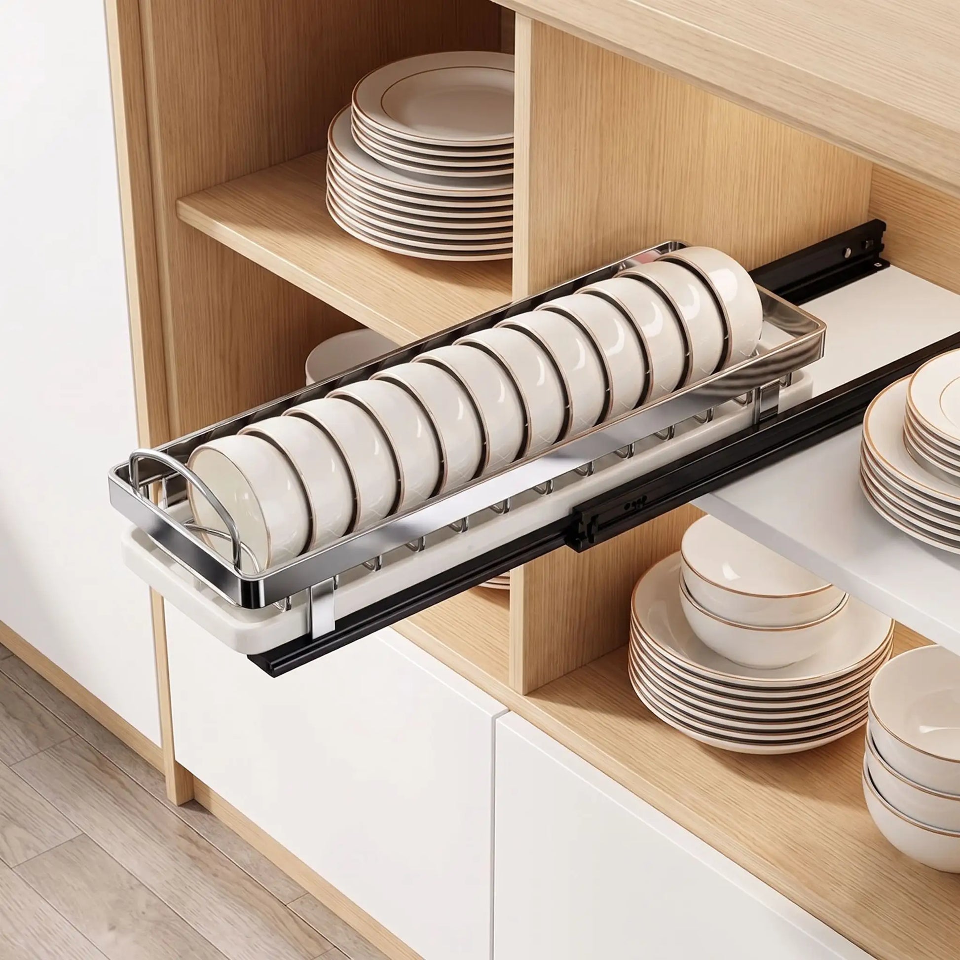 Organisateur de placard de cuisine version pour les bols en L.