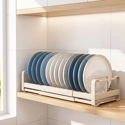 Organisateur de placard de cuisine extensible pour assiettes.