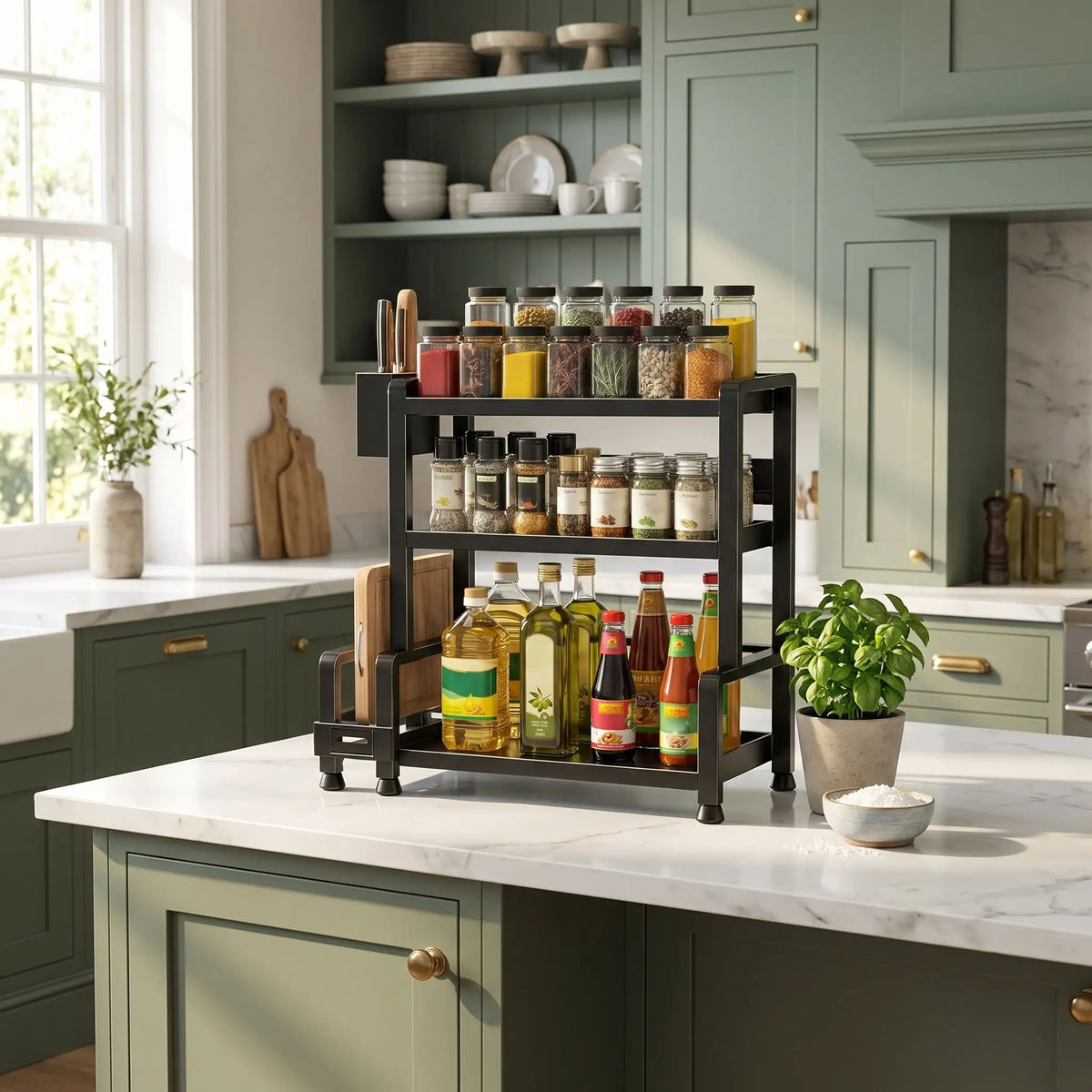 Rangement Epices posé sur un îlot central dans une élégante cuisine vert, pour un espace organisé au rendu moderne et raffiné.