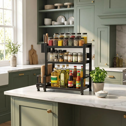 Rangement Epices posé sur un îlot central dans une élégante cuisine vert, pour un espace organisé au rendu moderne et raffiné.