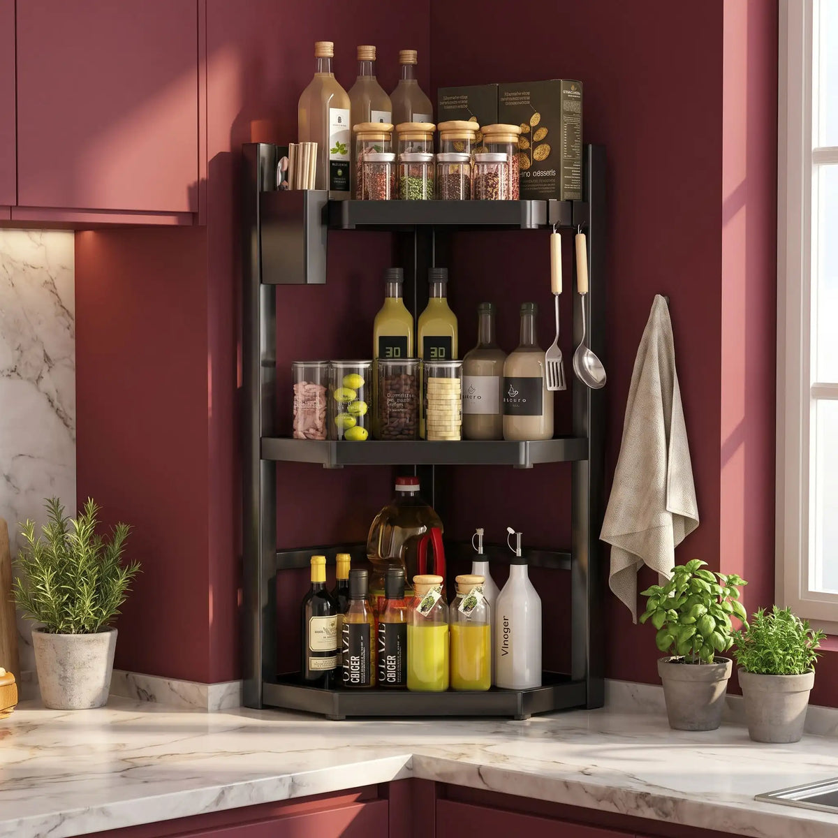 Étagère d'angle cuisine pour optimiser les espaces inutilisés.