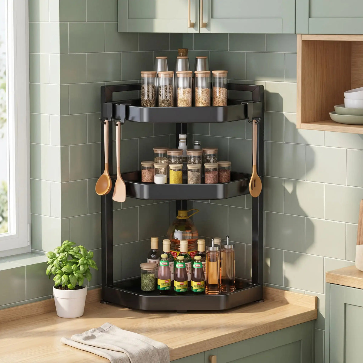 Étagère d'angle cuisine robuste en acier au carbone pour un rangement durable.