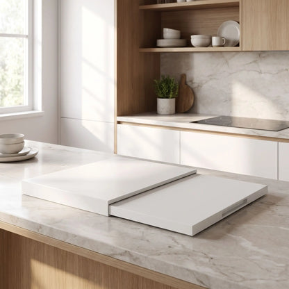 Support micro ondes en blanc avec plateau coulissant.