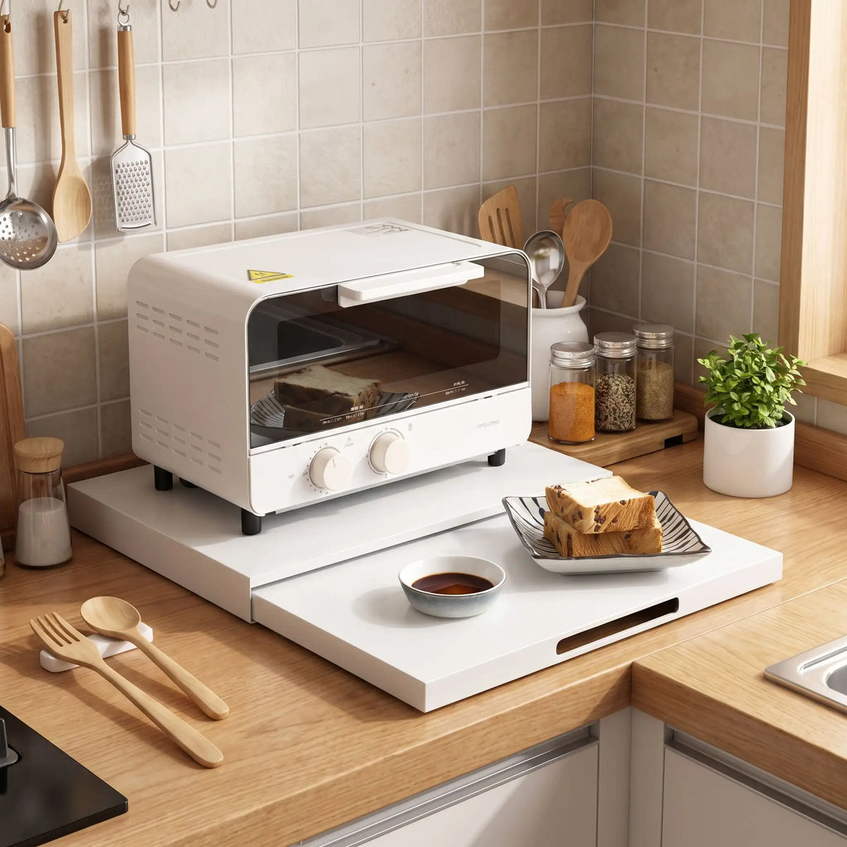 Support micro ondes avec plateau coulissant déployé.