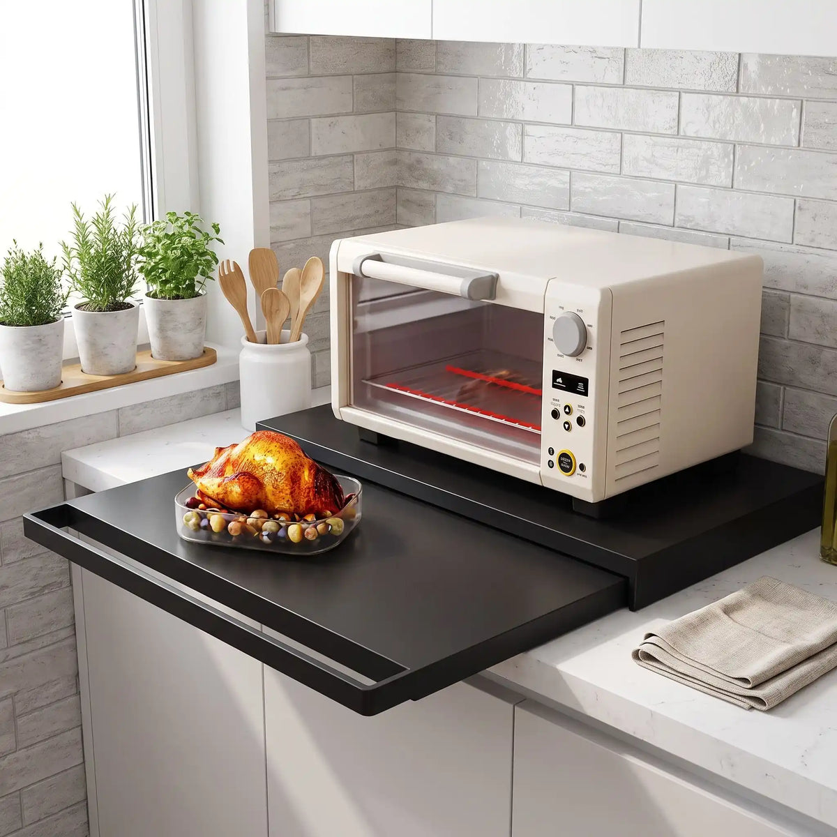 Support micro ondes en noir avec plateau coulissant dissimulé sous le four.