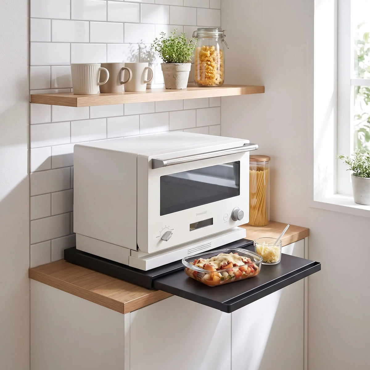 Support micro ondes rangement pratique pour four et accessoires.