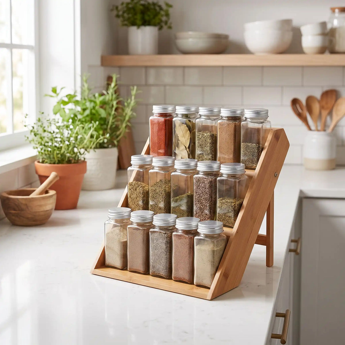 Rangement Epices Bois en bambou naturel avec pied rabattable pour une double utilisation.
