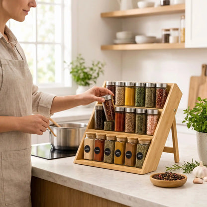 Rangement Epices Bois avec une femme qui cuisine et range ses épices sur les trois niveaux.