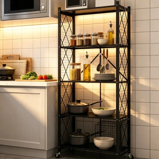 Étagère de rangement pliable avec plusieurs niveaux pour organiser la cuisine.