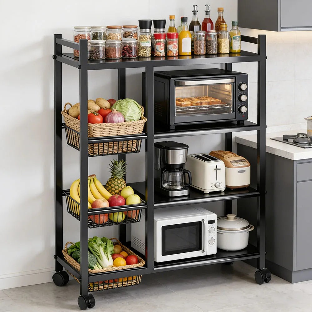 Étagère cuisine noire à roulettes avec quatre niveaux de rangement.